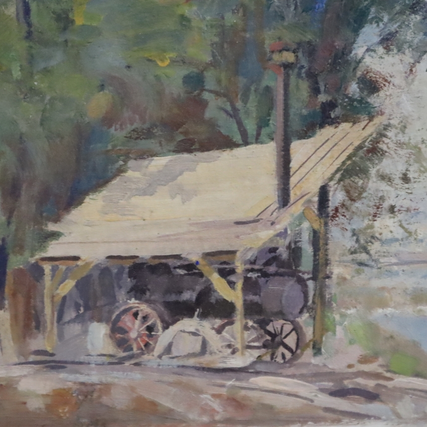 Artwork by Jaroslav Štochl, Bau der Brücke über die Flussinsel Stvanice in Prag, Made of oil on board