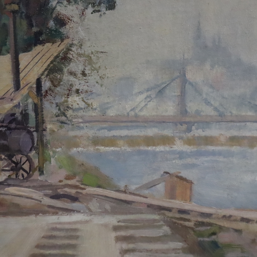 Artwork by Jaroslav Štochl, Bau der Brücke über die Flussinsel Stvanice in Prag, Made of oil on board