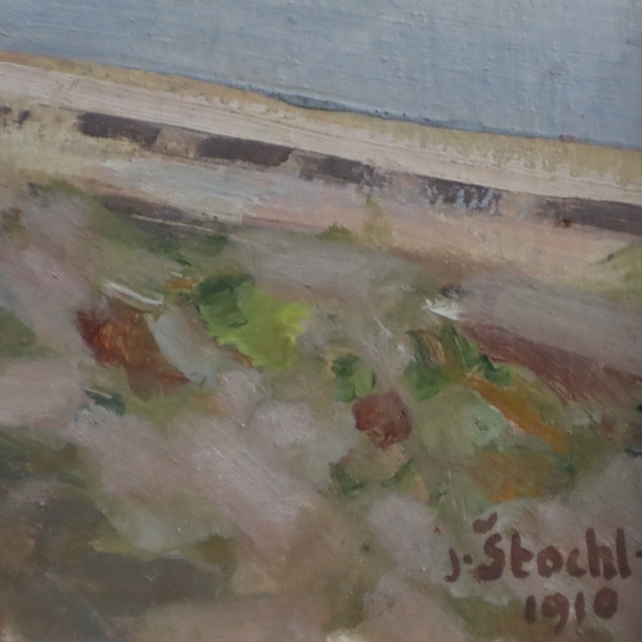 Artwork by Jaroslav Štochl, Bau der Brücke über die Flussinsel Stvanice in Prag, Made of oil on board