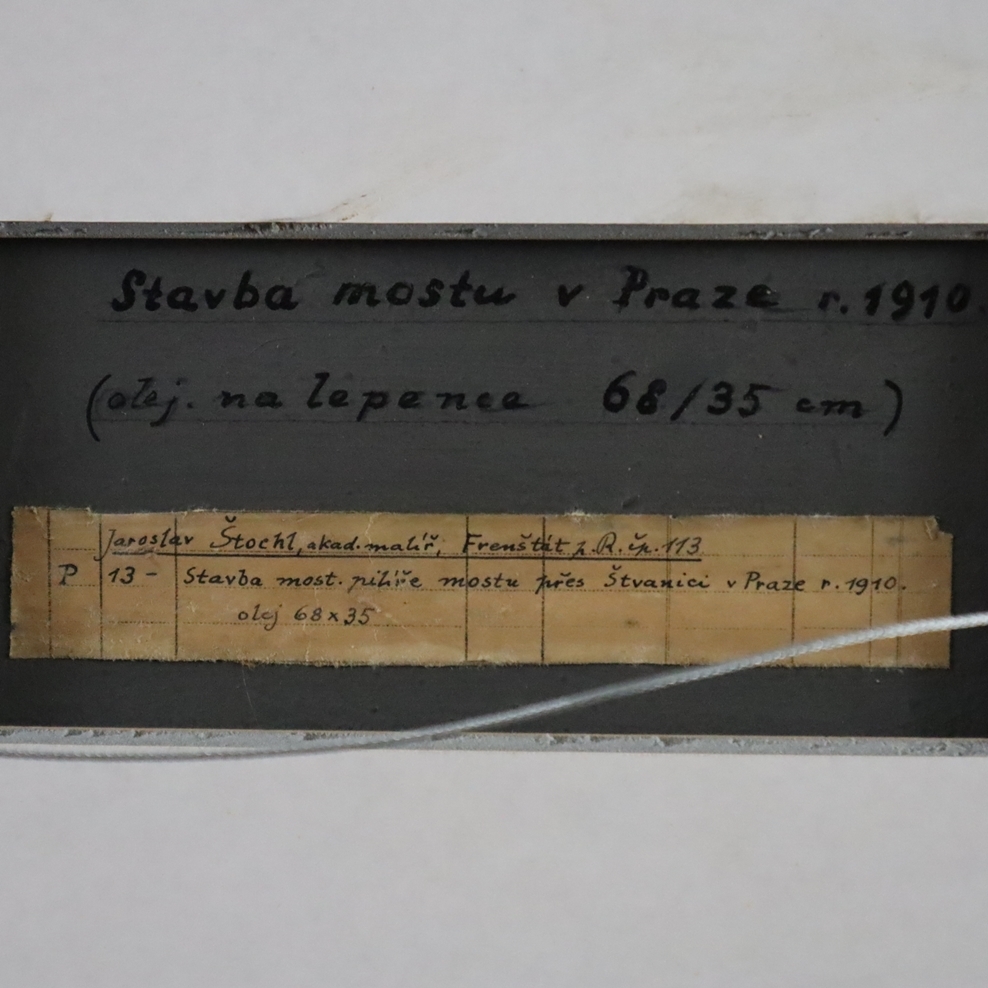 Artwork by Jaroslav Štochl, Bau der Brücke über die Flussinsel Stvanice in Prag, Made of oil on board