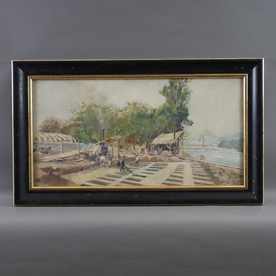 Artwork by Jaroslav Štochl, Bau der Brücke über die Flussinsel Stvanice in Prag, Made of oil on board