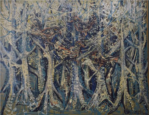 Abstract with trees and three birds - James Williams