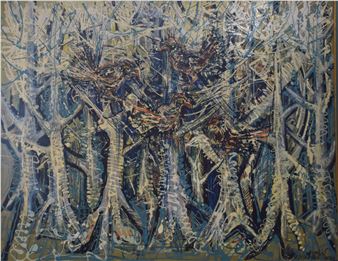 Abstract with trees and three birds - James Williams