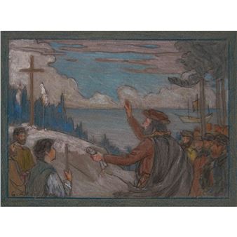 STUDY FOR MURAL PANEL "CABOT RAISING THE FLAG ON THE COAST OF NEWFOUNDLAND 1497 - George A. Reid