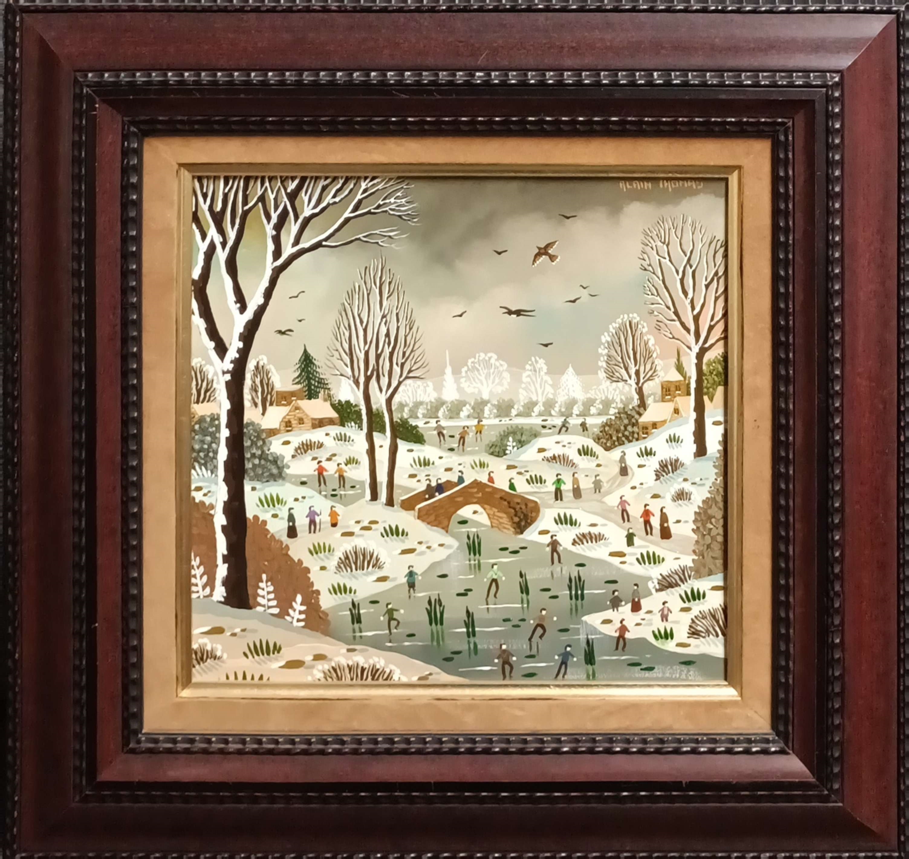 Artwork by Alain Thomas, Paysage invernal au pont, Made of Acrylic On Panel