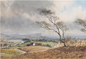Extensive landscape view with coastline beyond; landscape - Joan Morgan