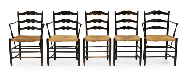Artwork by Edward Gardiner, Five 'Pass' chairs, Made of Ebonised Ash, Rush Seats