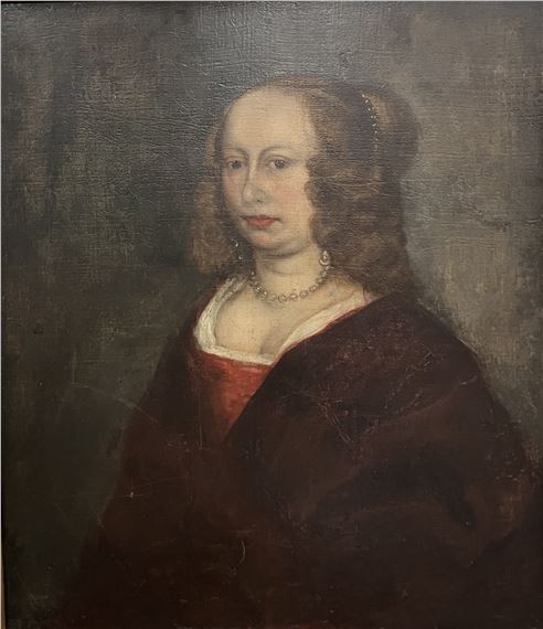 Woman with pearls in her hair and pearl necklace with red gown by Continental School, 19th Century, late 18th/early 19th Century