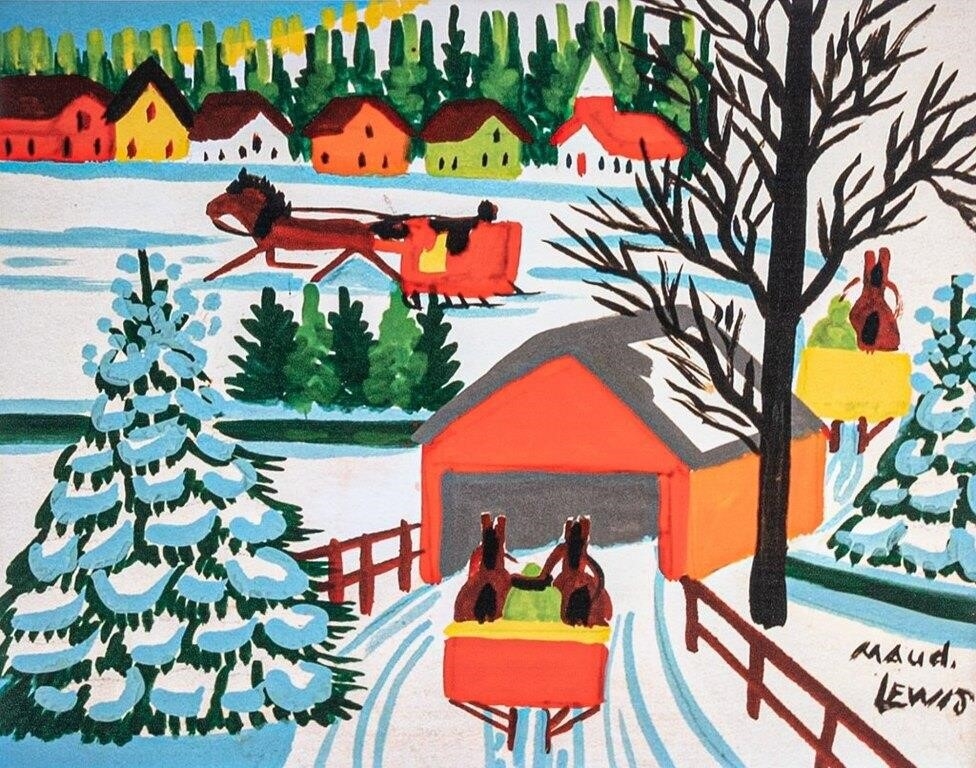 Maud Lewis | WINTER SLEIGH SCENE WITH COVERED BRIDGE AND COLOURFUL ...
