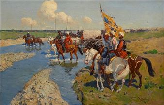 Caucasian Horsemen at the Ford - Frants Alekseevich Rubo
