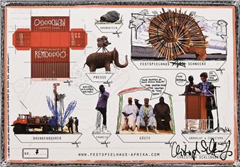 A collage-style illustration featuring a variety of African cultural and industrial elements arranged in a grid.