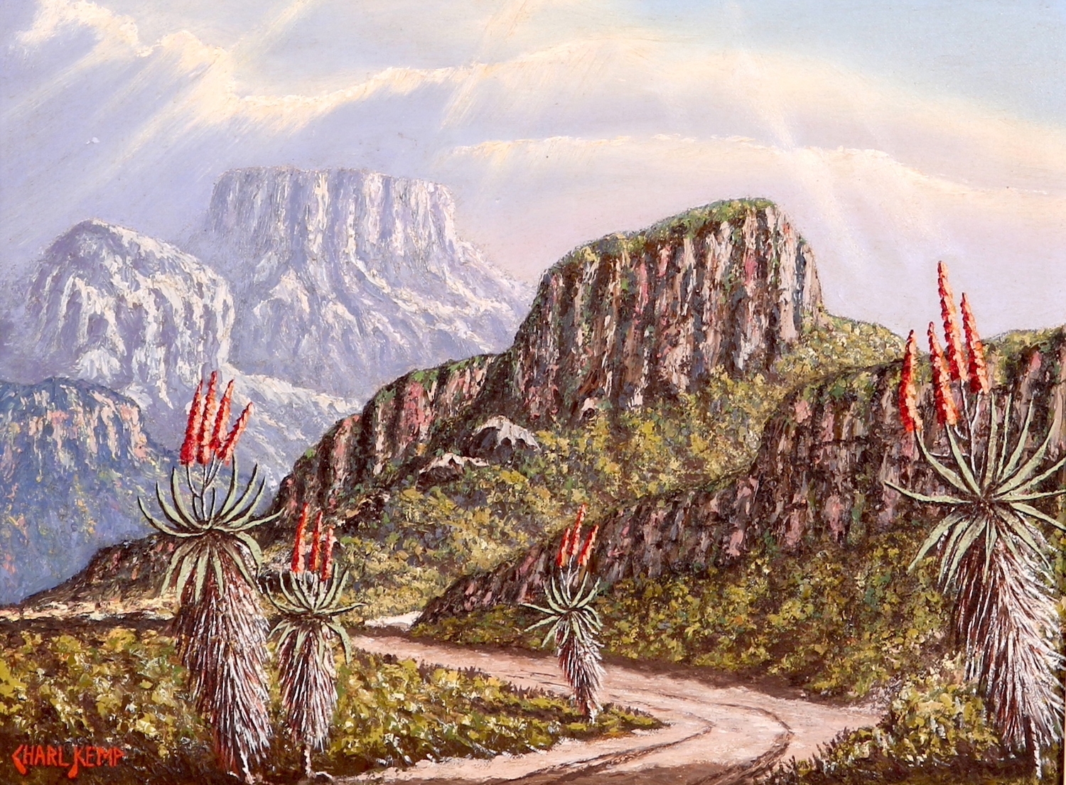Artwork by Charles Kemp, ALOES ALONG A MOUNTAIN PASS, Made of Oil On Canvas On Board