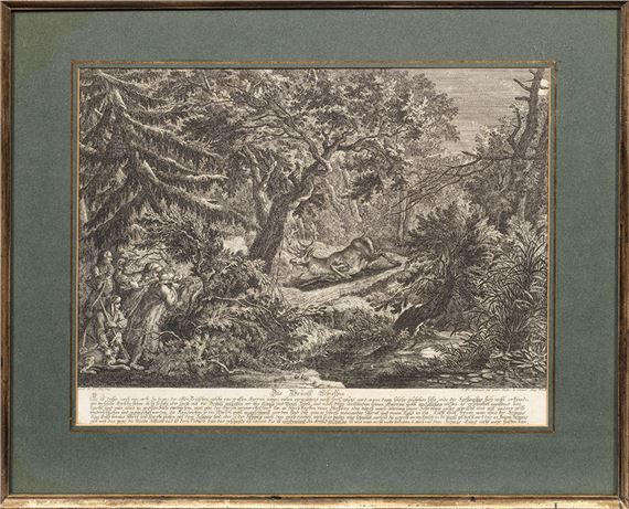 A detailed woodcut print of a forest scene featuring figures and animals.