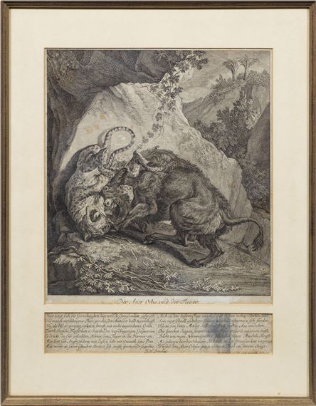 A monochromatic etching depicting a mythological battle between two horned creatures amidst a rocky landscape.