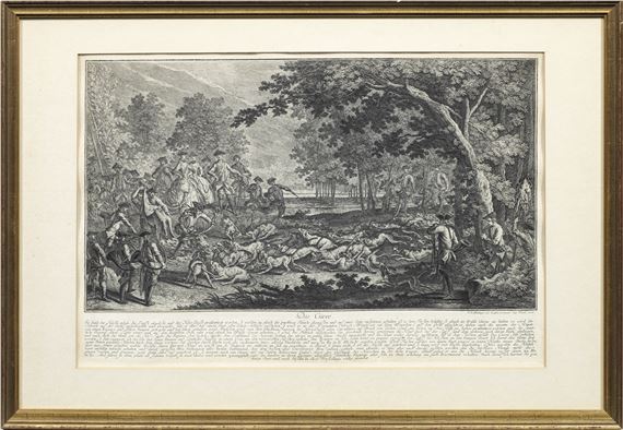 A black-and-white etching of a chaotic hunting scene with numerous figures and fallen animals in a forest setting.