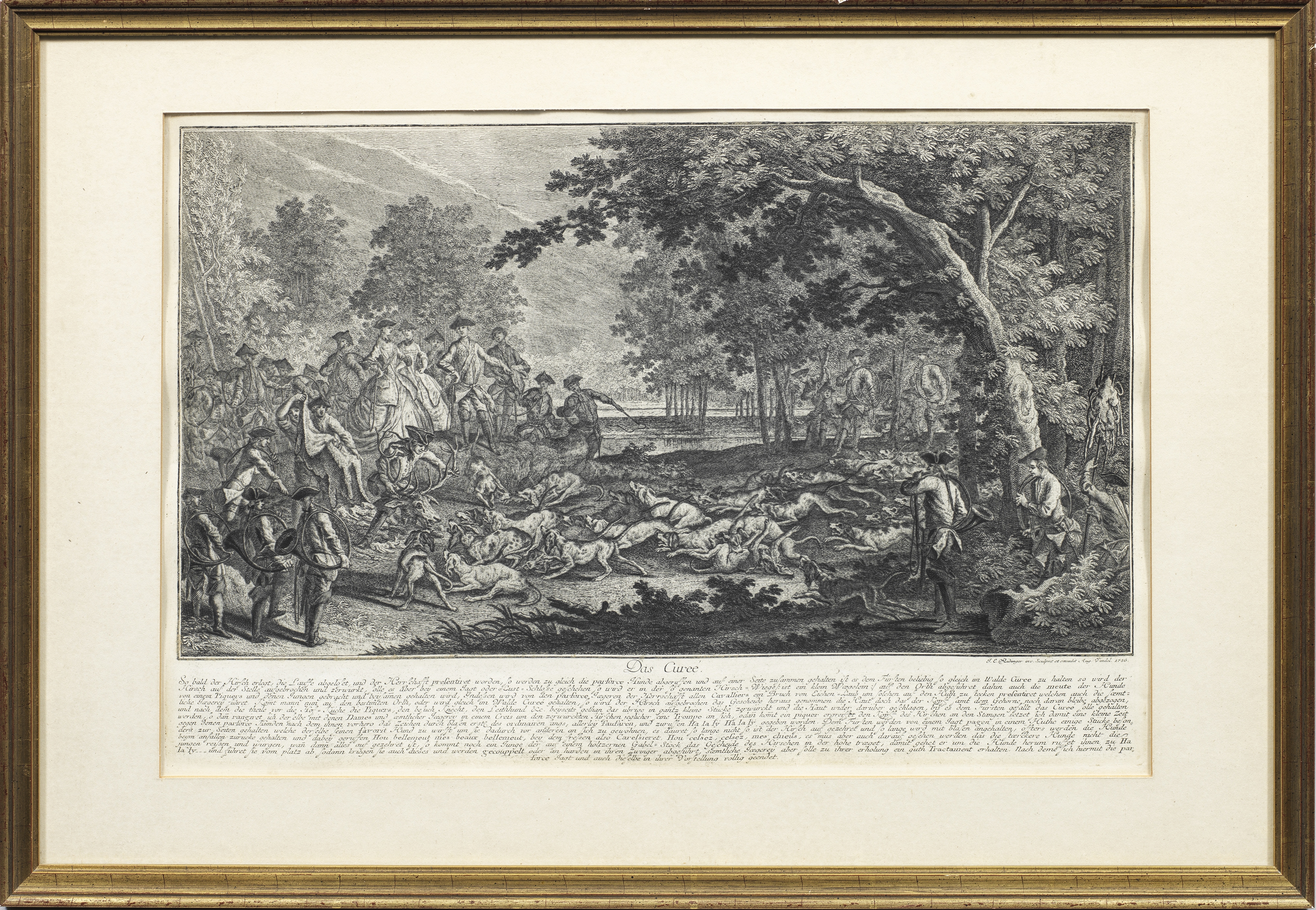 A black-and-white etching of a chaotic hunting scene with numerous figures and fallen animals in a forest setting.