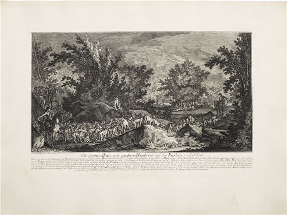 A detailed black-and-white etching of a crowded rural scene with figures and animals in a forested landscape.