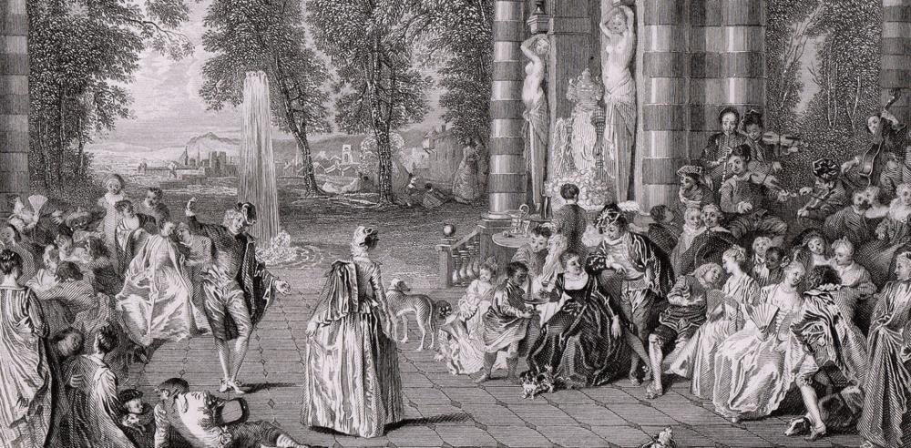 Artwork by Jean-Antoine Watteau, Le Bal Champetre, Made of Antique Steel Engraving On Wove Paper
