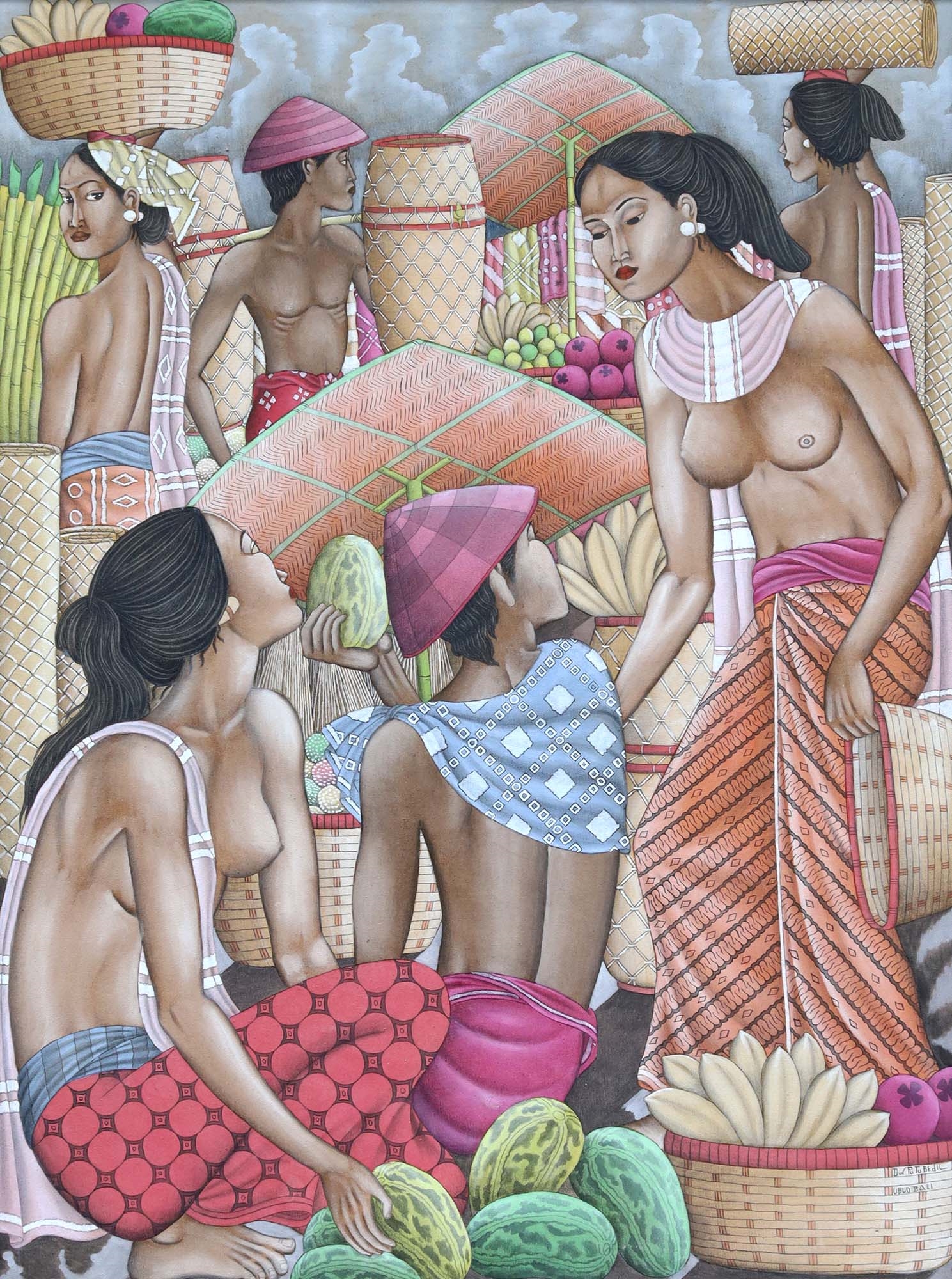 Artwork by Dewa Putu Bedil, Fruit Market (Pasar Buah, Made of Acrylic On Canvas