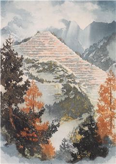 A watercolor landscape painting of a terraced mountain with autumn trees in the foreground.