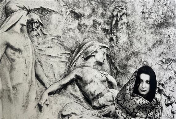 Young woman in front of a bas-relief by Michel Cabaud, c. 1980