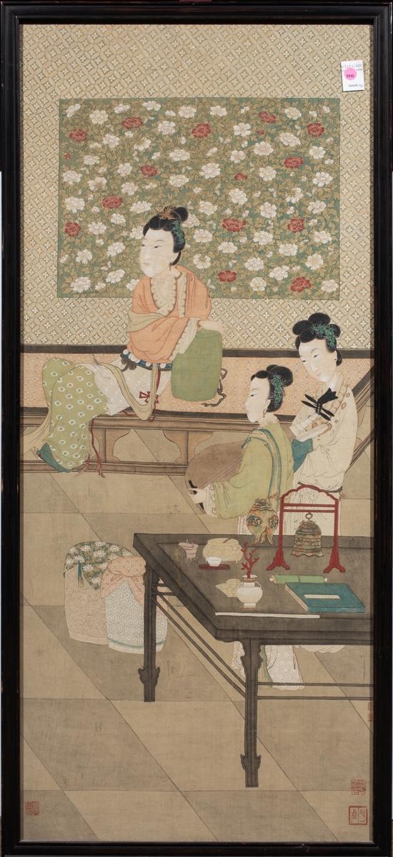 Artwork by Chinese School, Three Beauties at Leisure, Made of Ink and color on silk