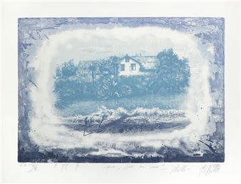 A monochromatic blue print of a rural house scene with a rough, textured border.