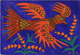A stylized red bird with geometric patterns flies over a blue background with orange floral elements.