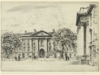 A monochromatic architectural sketch of a grand classical building with figures in the foreground.