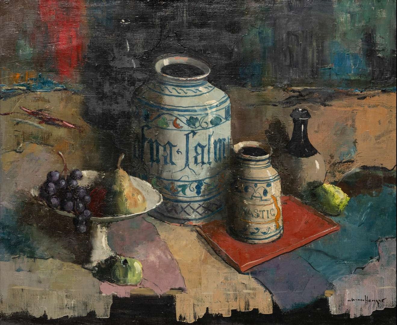 Artwork by Johannes Gerardus den Hengst, Stilleven met fruitschaal en aardewerken potten, Made of oil on canvas