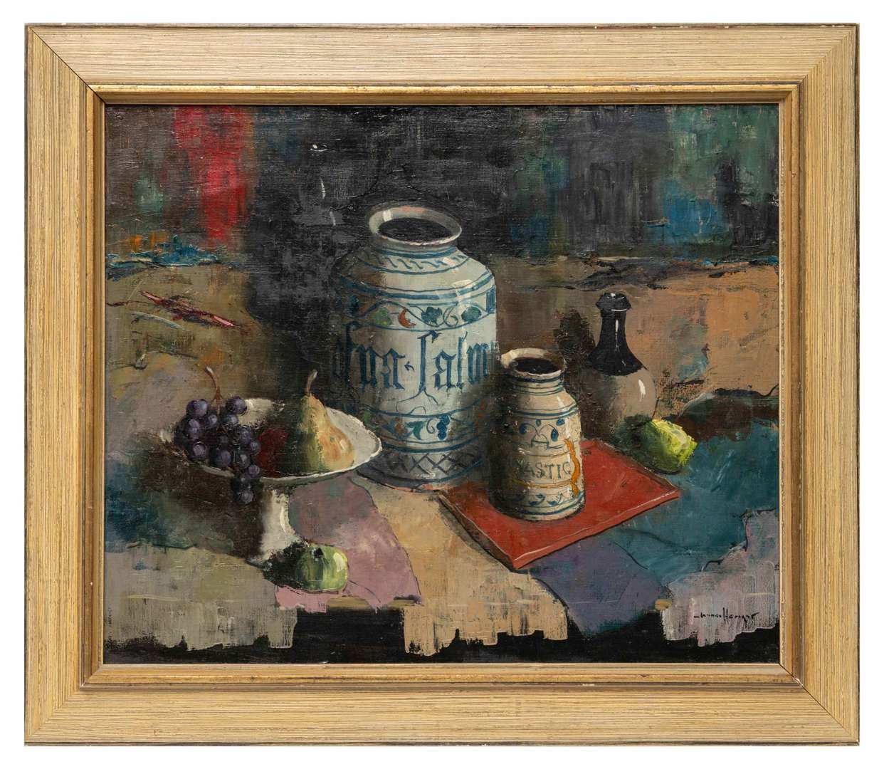 Artwork by Johannes Gerardus den Hengst, Stilleven met fruitschaal en aardewerken potten, Made of oil on canvas