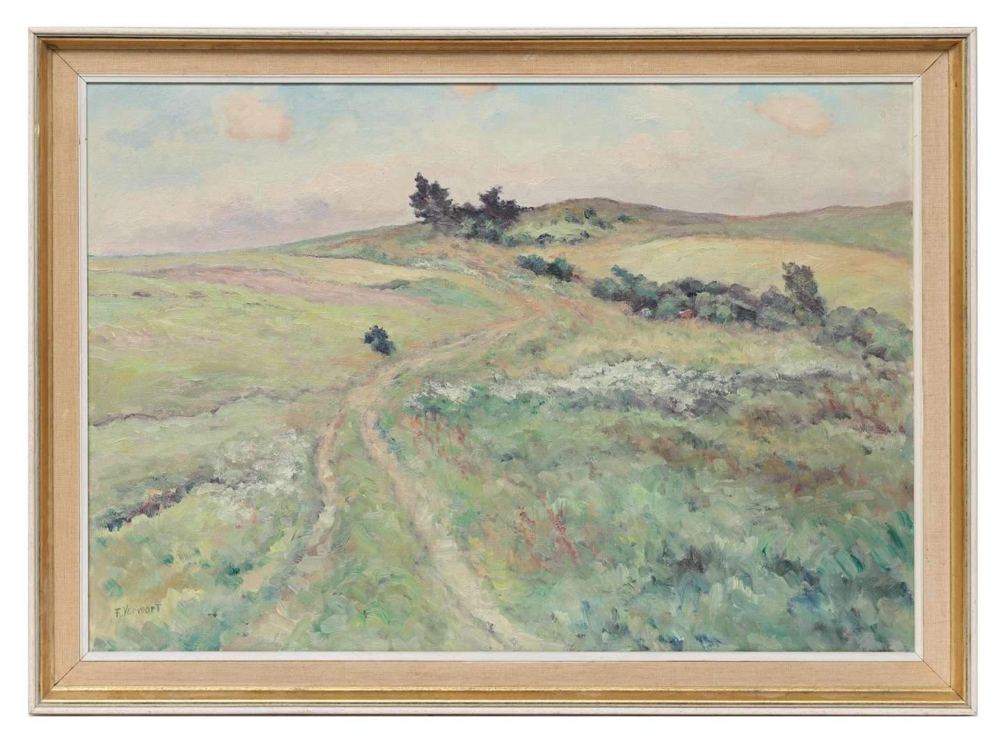 A pastoral landscape painting featuring a winding dirt path through rolling green hills under a soft sky.