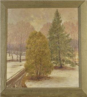 A painting of two trees in a snowy landscape.