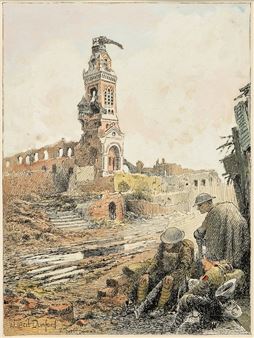 A somber watercolor scene of soldiers resting amidst the ruins of a war-torn town with a damaged church tower.