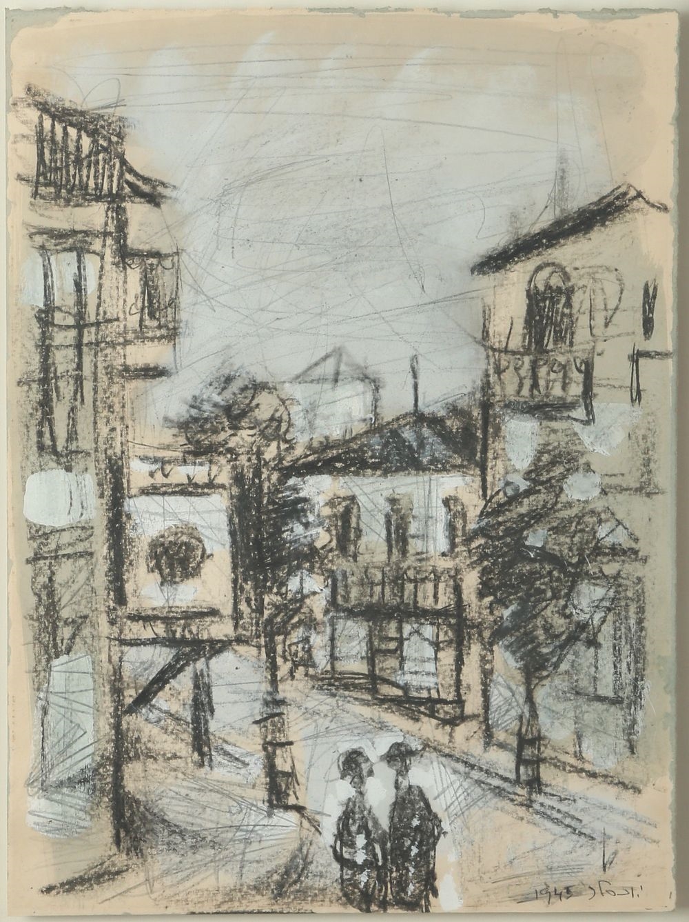 Artwork by Jacob Wexler, Figures in the Street, Made of Gouache And Charcoal On Paper