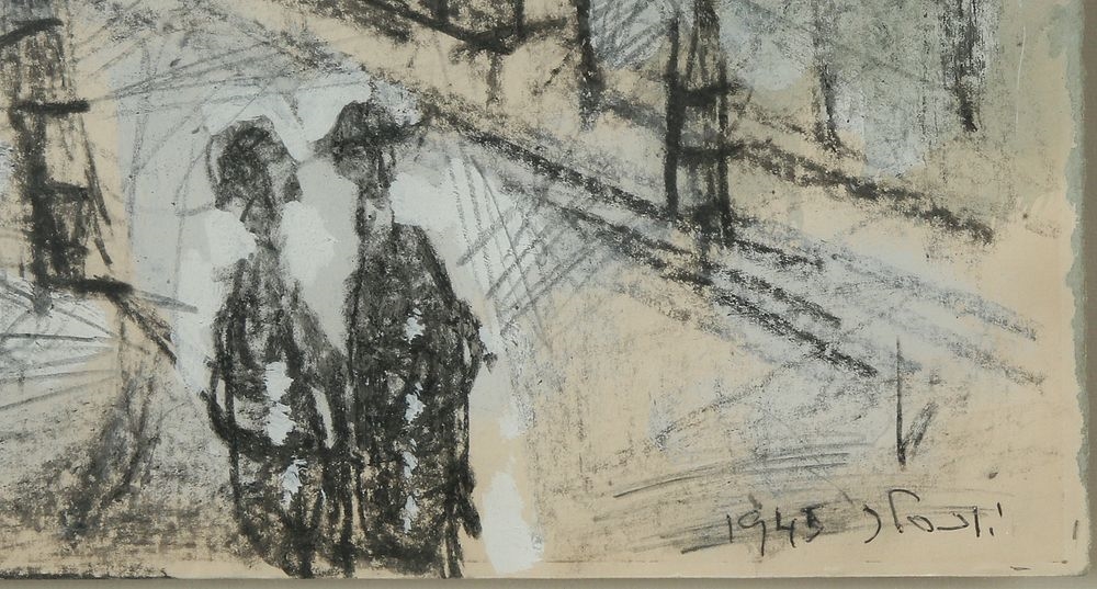 Artwork by Jacob Wexler, Figures in the Street, Made of Gouache And Charcoal On Paper