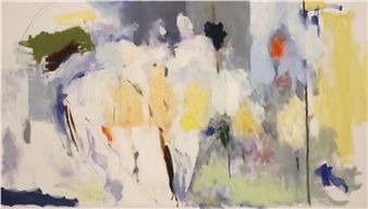 An abstract composition of layered, gestural brushstrokes in a muted palette.