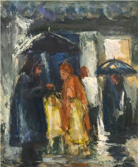 A moody, impressionistic scene of figures in a rainy street under umbrellas.