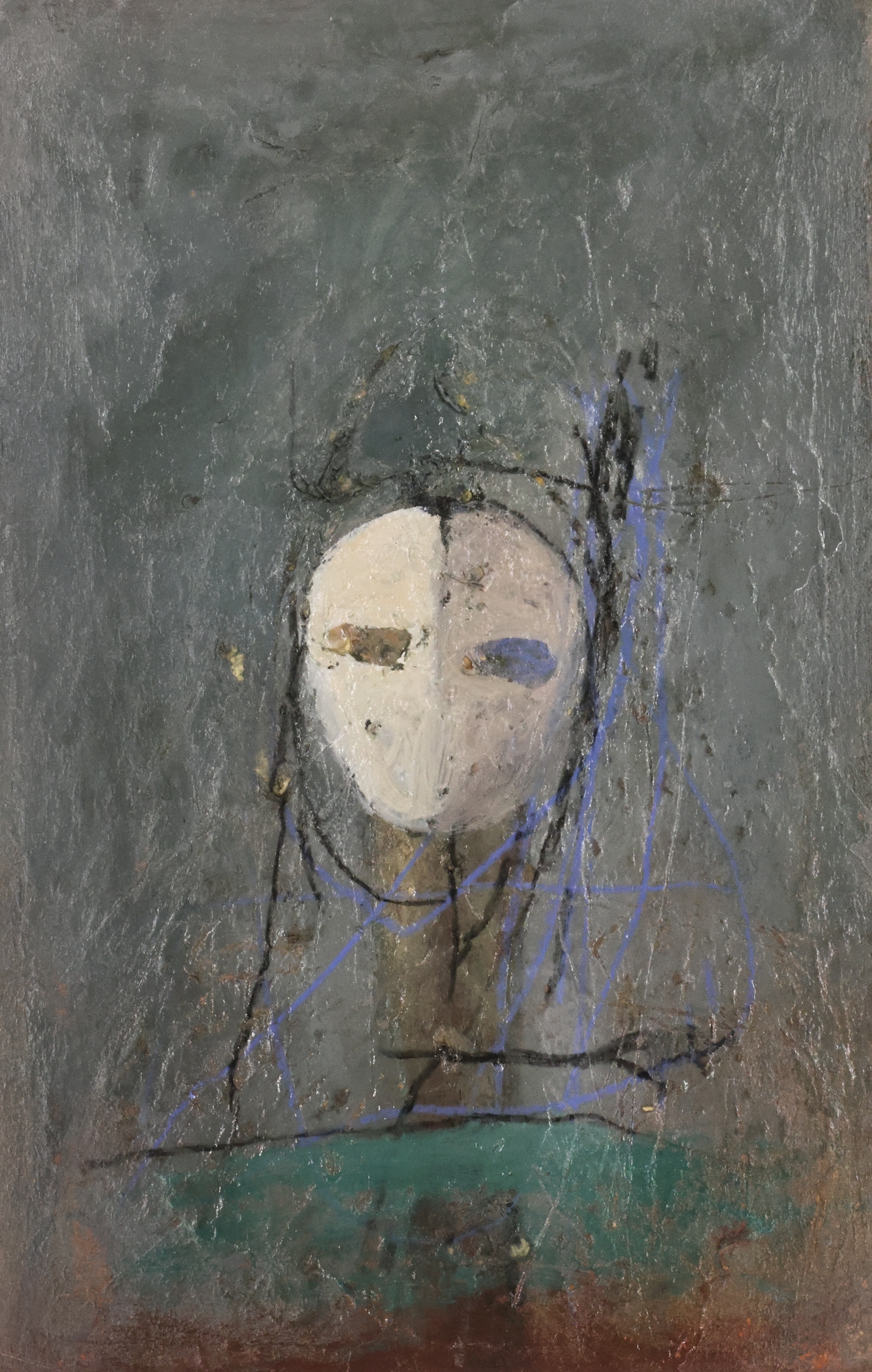 Artwork by Ed Musante, White Mask Green Shape, Made of Mixed Media Collage