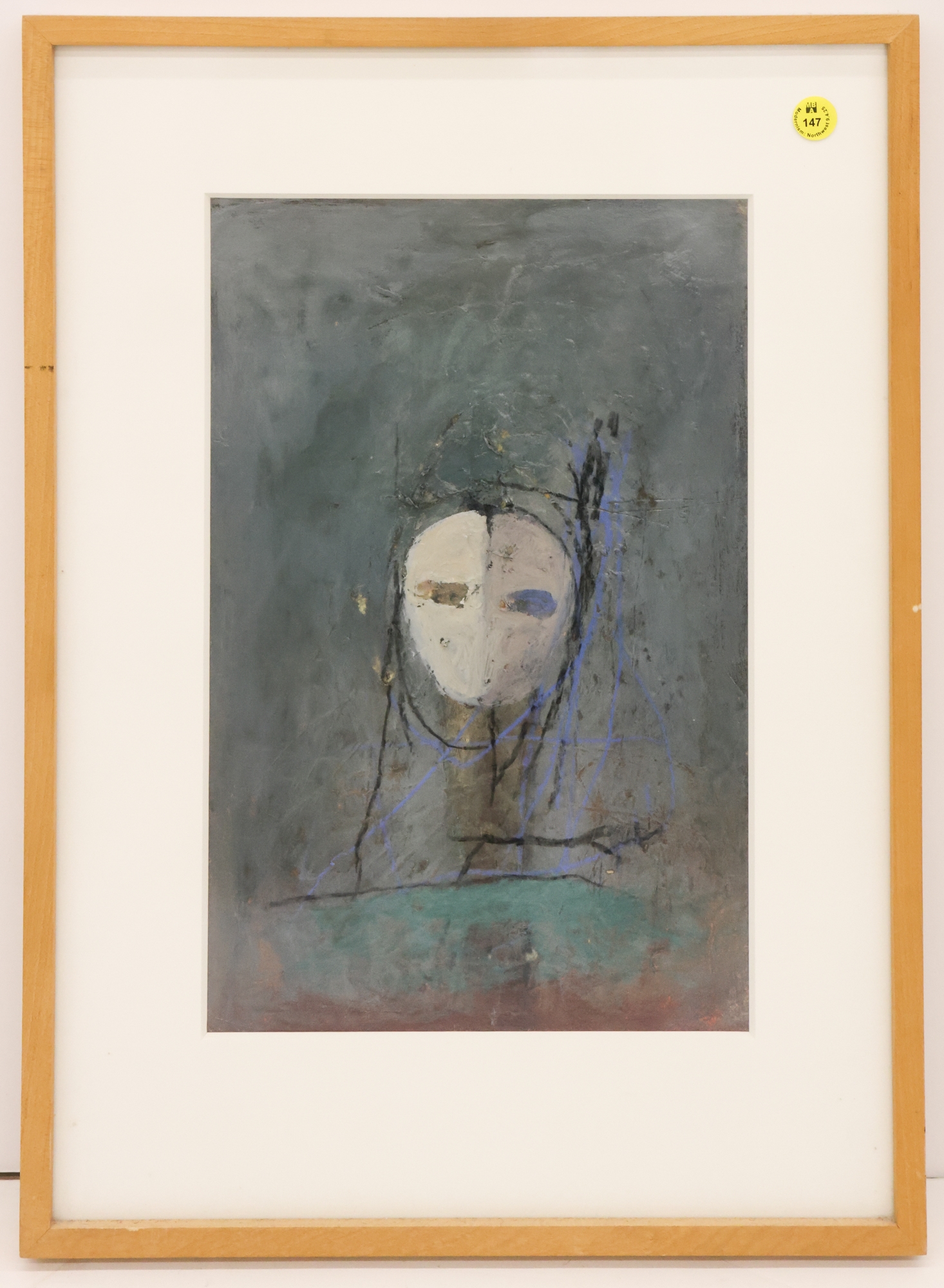 Artwork by Ed Musante, White Mask Green Shape, Made of Mixed Media Collage