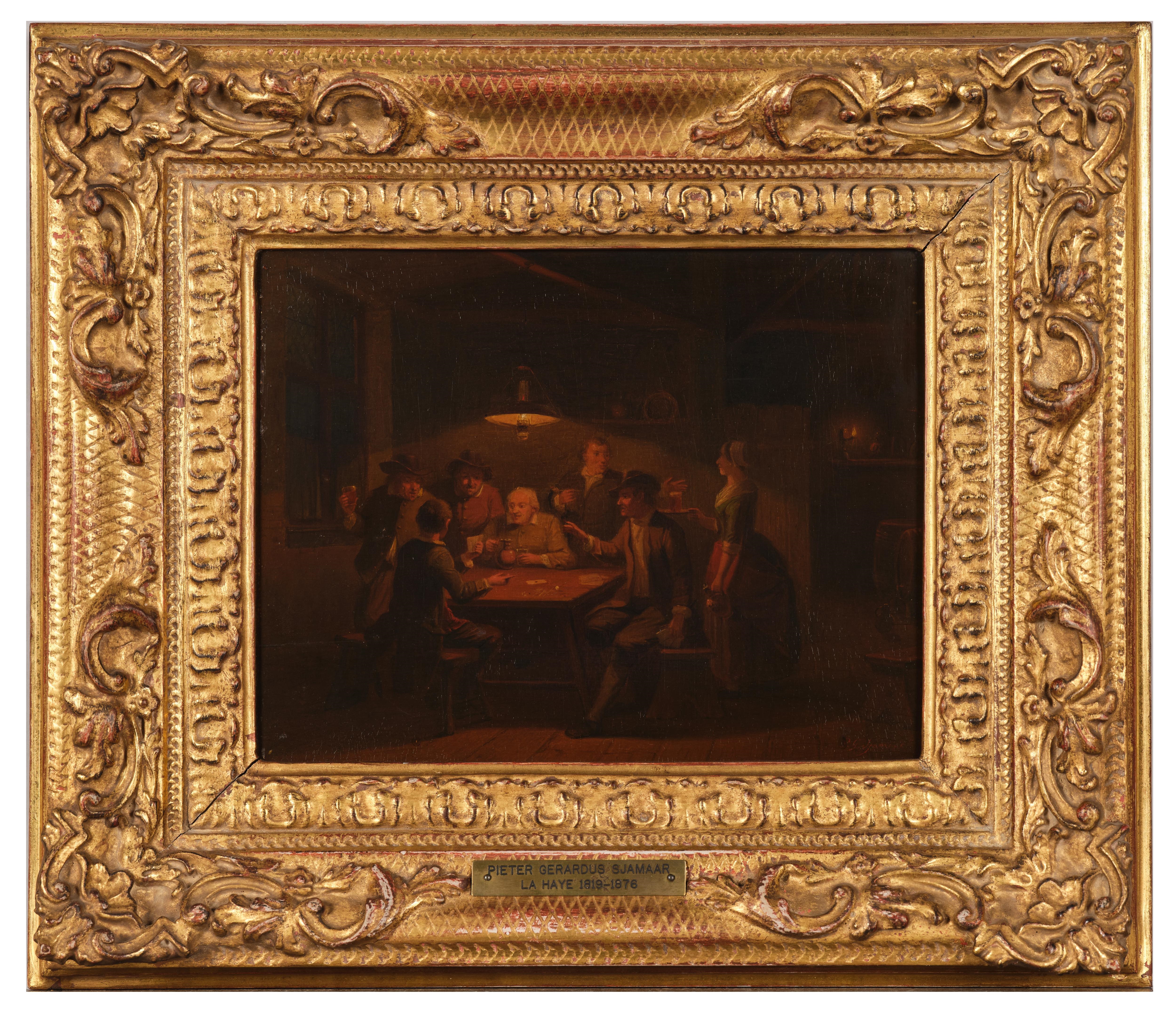 Artwork by Pieter Geerard Sjamaar, Kartenspieler bzw. Gesellschaft bei Kerzenschein, Made of oil on wood