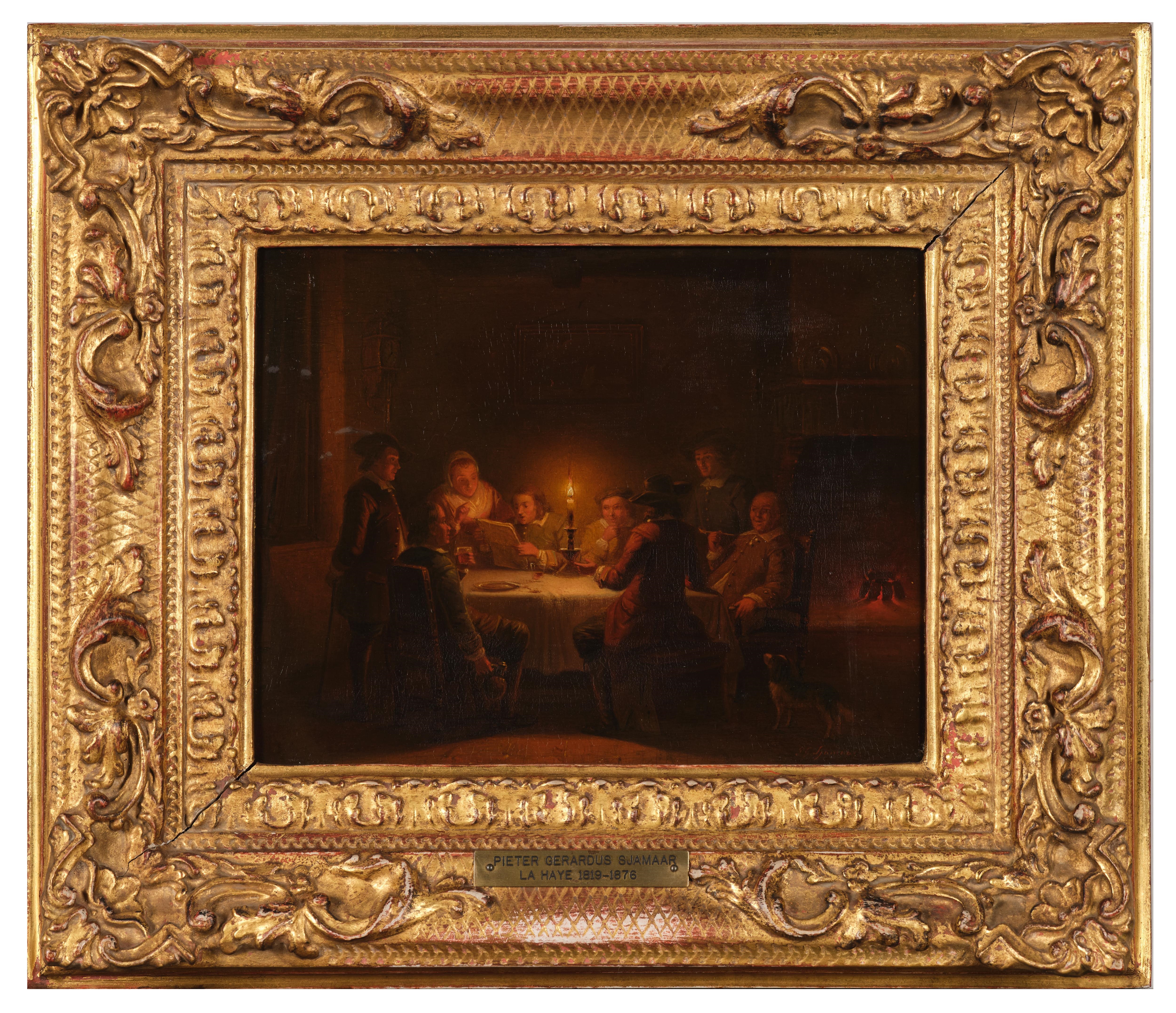 Artwork by Pieter Geerard Sjamaar, Kartenspieler bzw. Gesellschaft bei Kerzenschein, Made of oil on wood