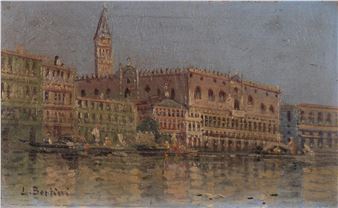A watercolor landscape of a European canal city with historic buildings and a tall tower, rendered in muted earth tones.