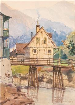 Haus an einer Holzbrücke - Fritz Lach