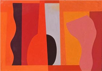 A bold abstract composition featuring a still life of three vases rendered in warm, geometric shapes against an orange background.