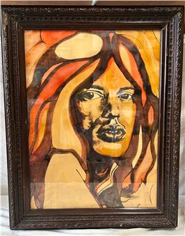 A painting of a man with dreadlocks in a black frame.