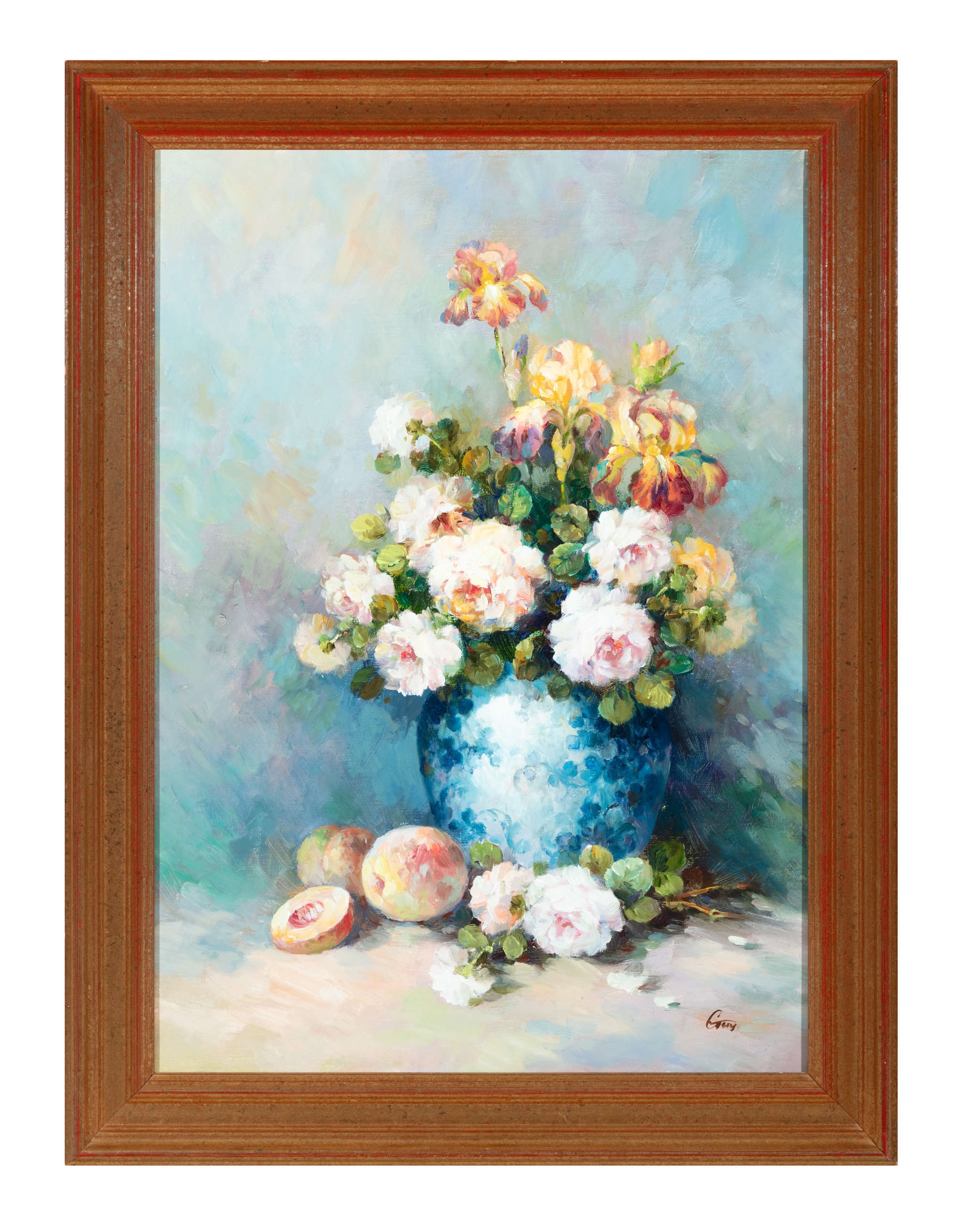 Artwork by Continental School, 19th Century, Continental School, 20th Century, Still life with vase of roses and peaches, Made of Oil On Canvas