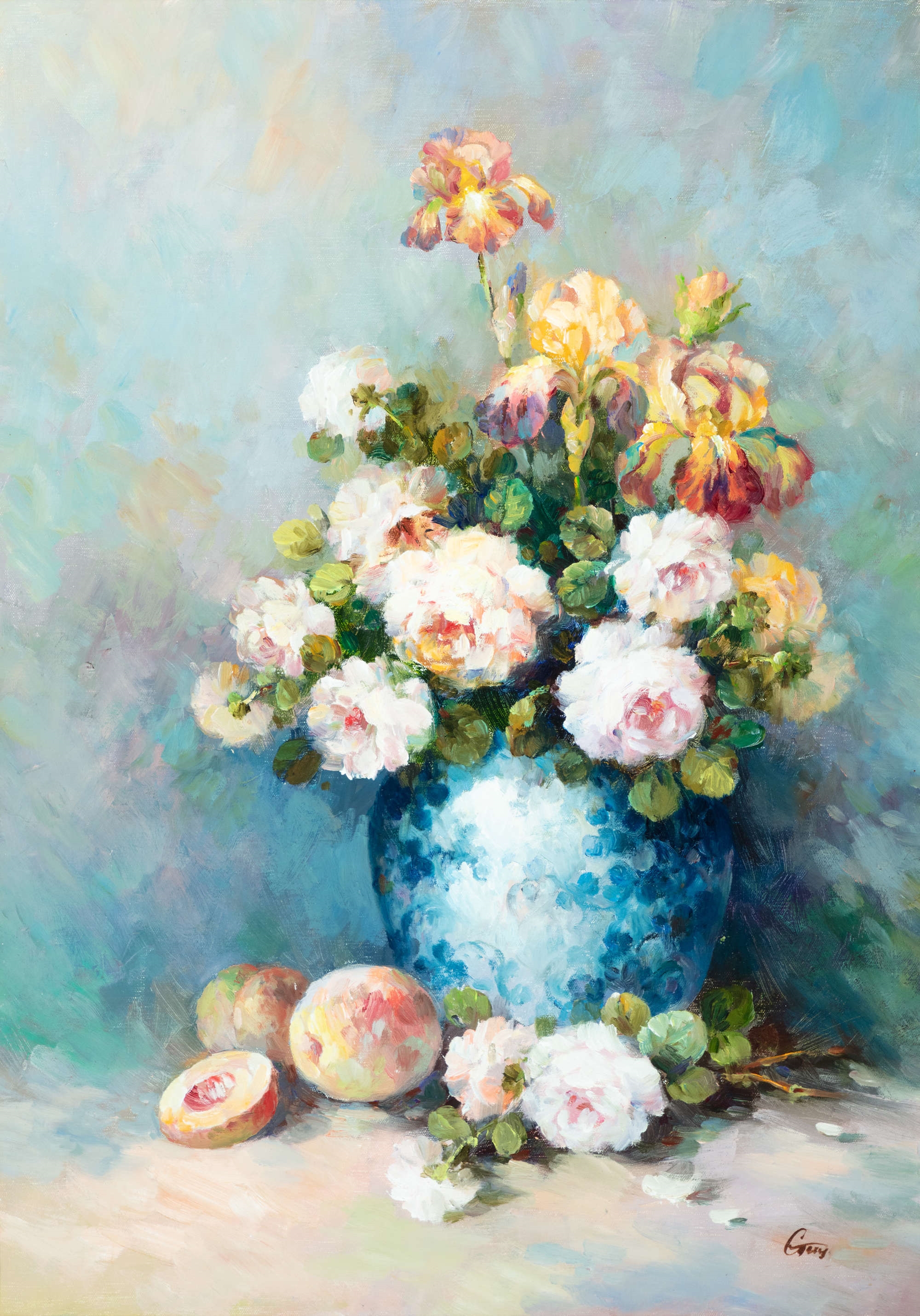 Artwork by Continental School, 19th Century, Continental School, 20th Century, Still life with vase of roses and peaches, Made of Oil On Canvas