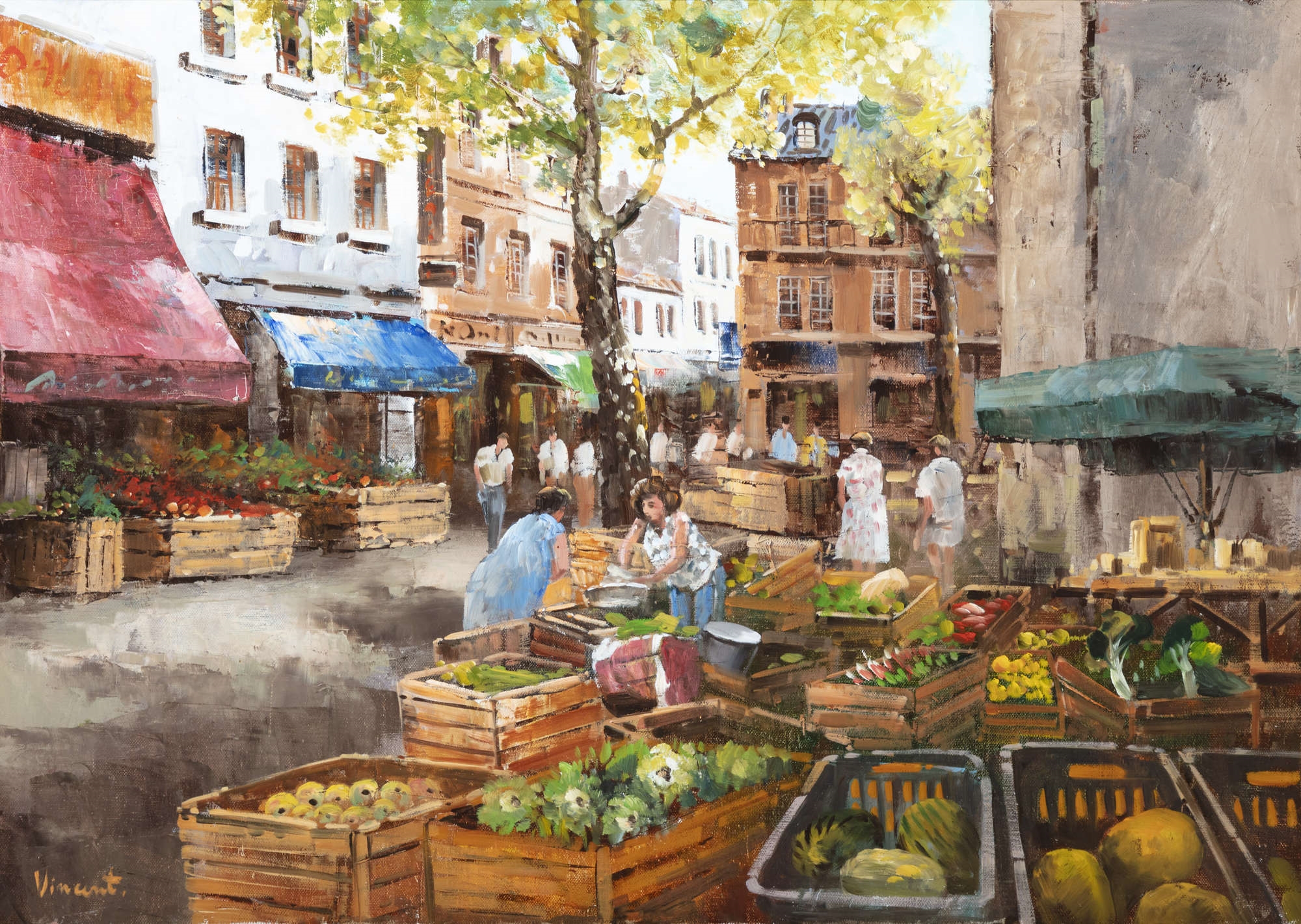 Artwork by Vincent, French Market Scene, Made of Oil On Canvas