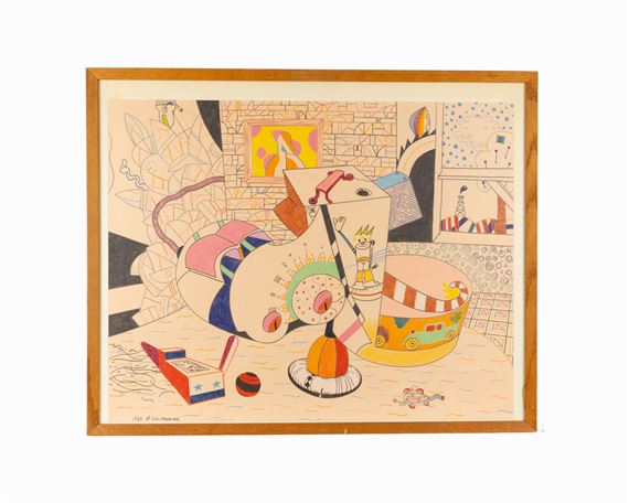 A colorful still life featuring a whimsical, surreal arrangement of objects in a wooden frame.